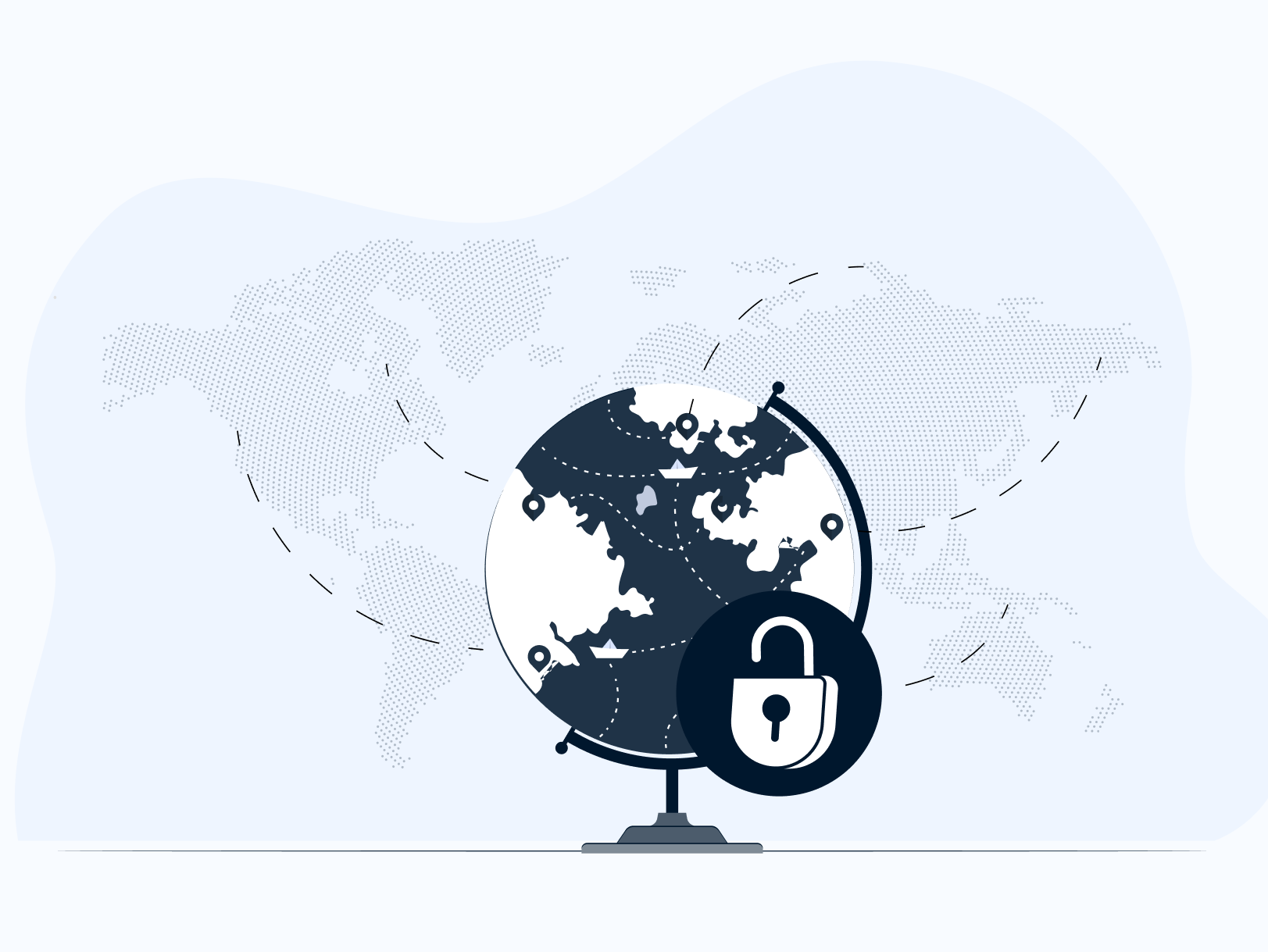 A digital map connecting dots around the globe with a secure lock icon, representing international high-risk payment processing with global security standards.