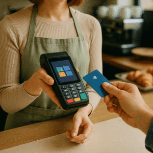 Friendly cashier in Cyprus café using POS terminal for contactless card payment – Fasto